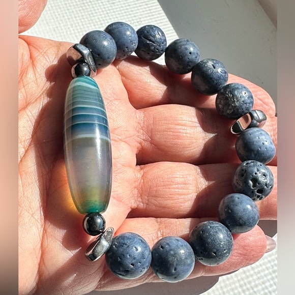 INDONESIAN BLUE CORAL + STRIPED AGATE STONES NATURAL BRACELET sz 7” - Picture 7 of 11